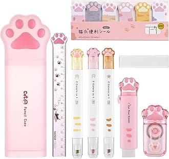 9 Pcs Cute Cat Paw Stationery Set Kawaii School Office Supplies Including Eraser Correction Tape Highlighters Sticky Notes Ruler for Cat Lovers Students (Pink)